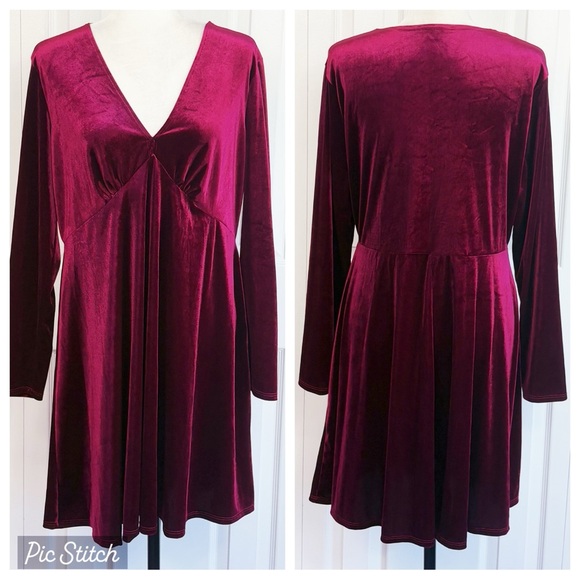 Nik and Nash Dark Pink Velvet Long Sleeve V-Neck Empire Waist Dress XL - Picture 1 of 16